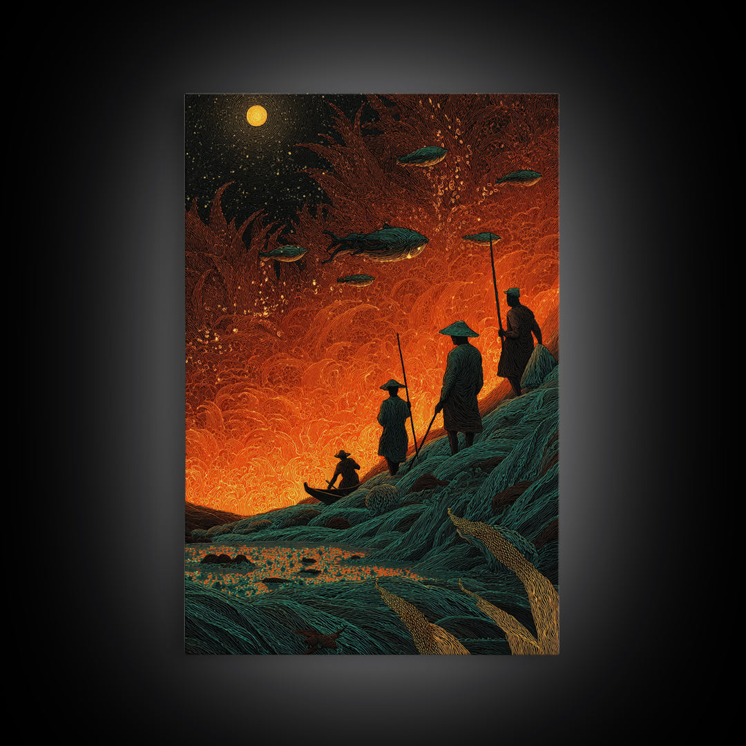 Silhouetted Travelers Under Fiery Sky Wall Art, Orange Sci Fi Canvas Print, Surreal Adventure Decor For Office Gift And Home