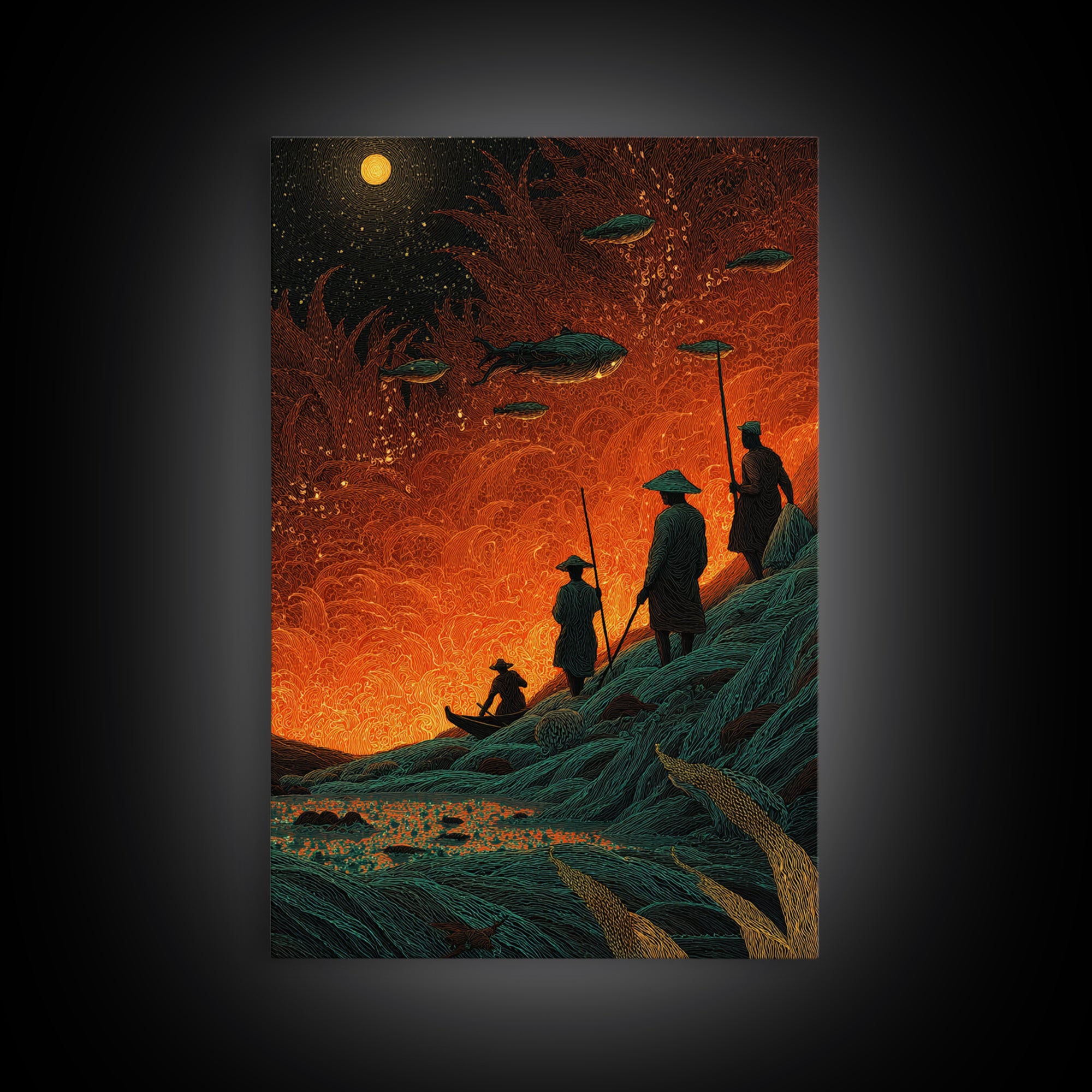 Silhouetted Travelers Under Fiery Sky Wall Art, Orange Sci Fi Canvas Print, Surreal Adventure Decor For Office Gift And Home