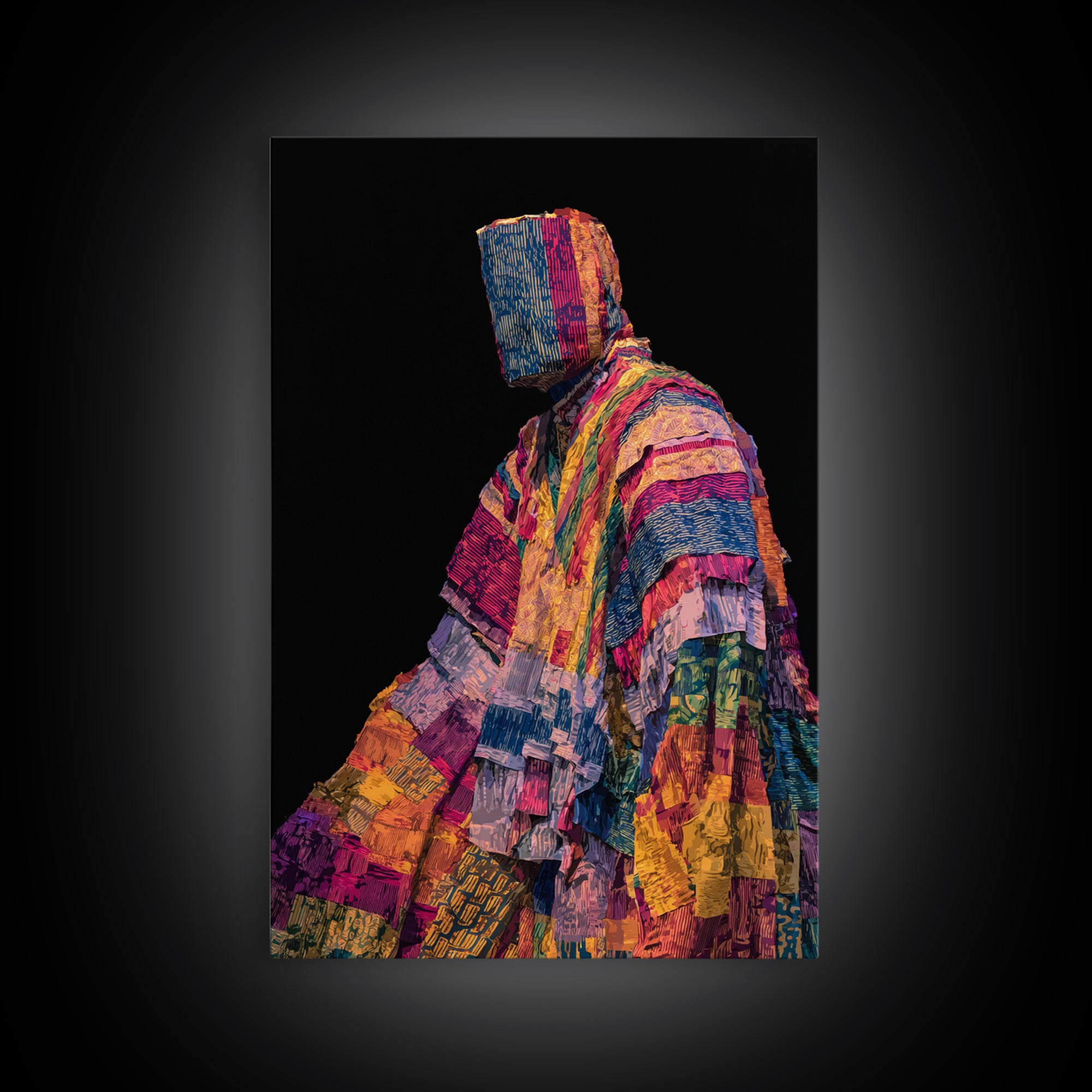 Masked African Textile Seated Figure Framed Canvas Print, Afrocentric Portrait, Vibrant Tribal Art, Cultural Wall Decor Gift