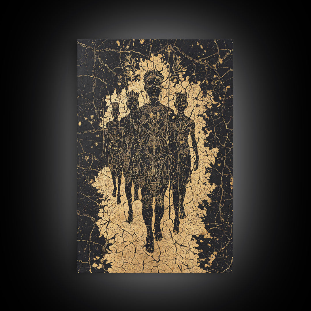 Golden Ancestral Silhouette Trio Wall Art, African Abstract Figures, Black Culture Art, Spiritual Afrocentric Decor Gift