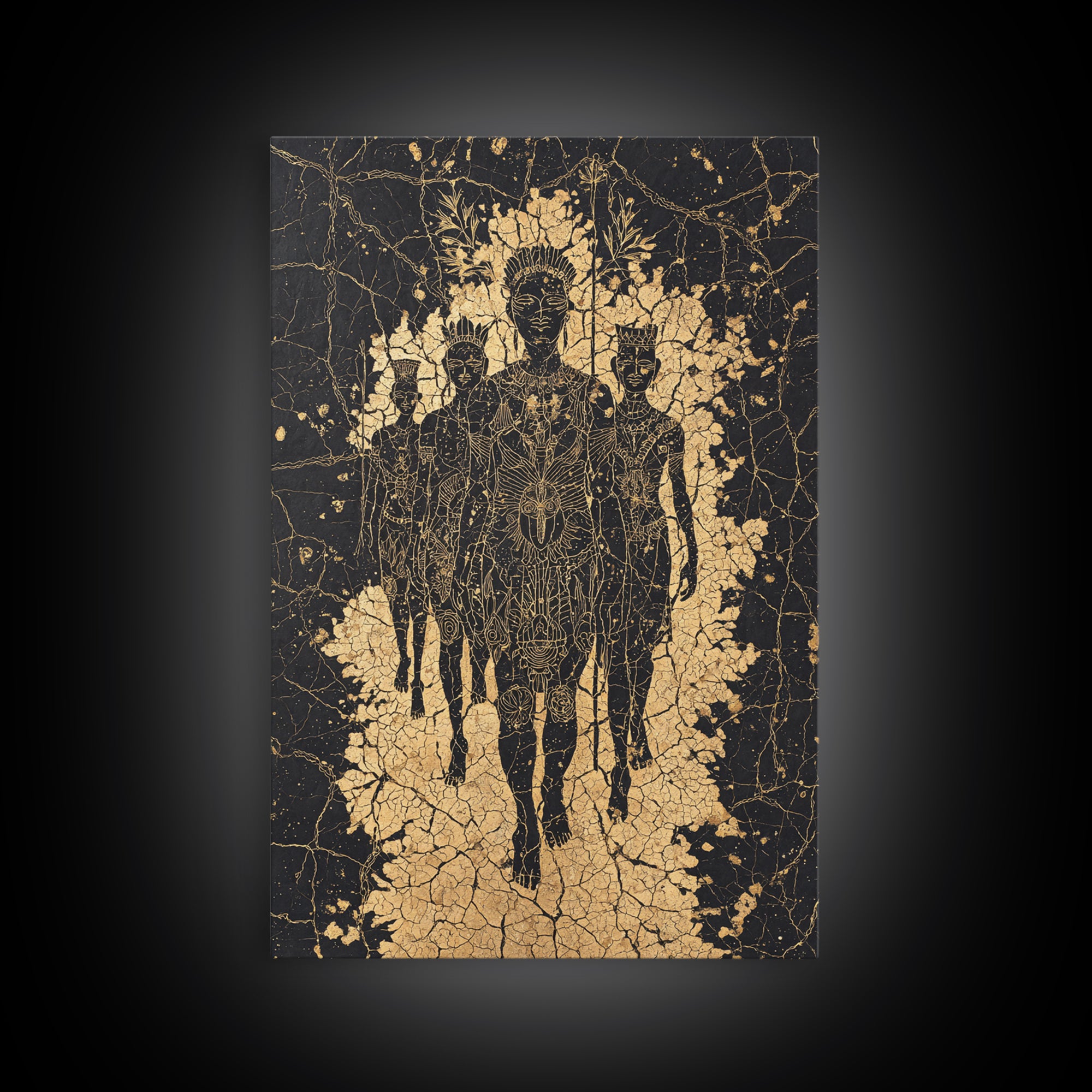 Golden Ancestral Silhouette Trio Wall Art, African Abstract Figures, Black Culture Art, Spiritual Afrocentric Decor Gift