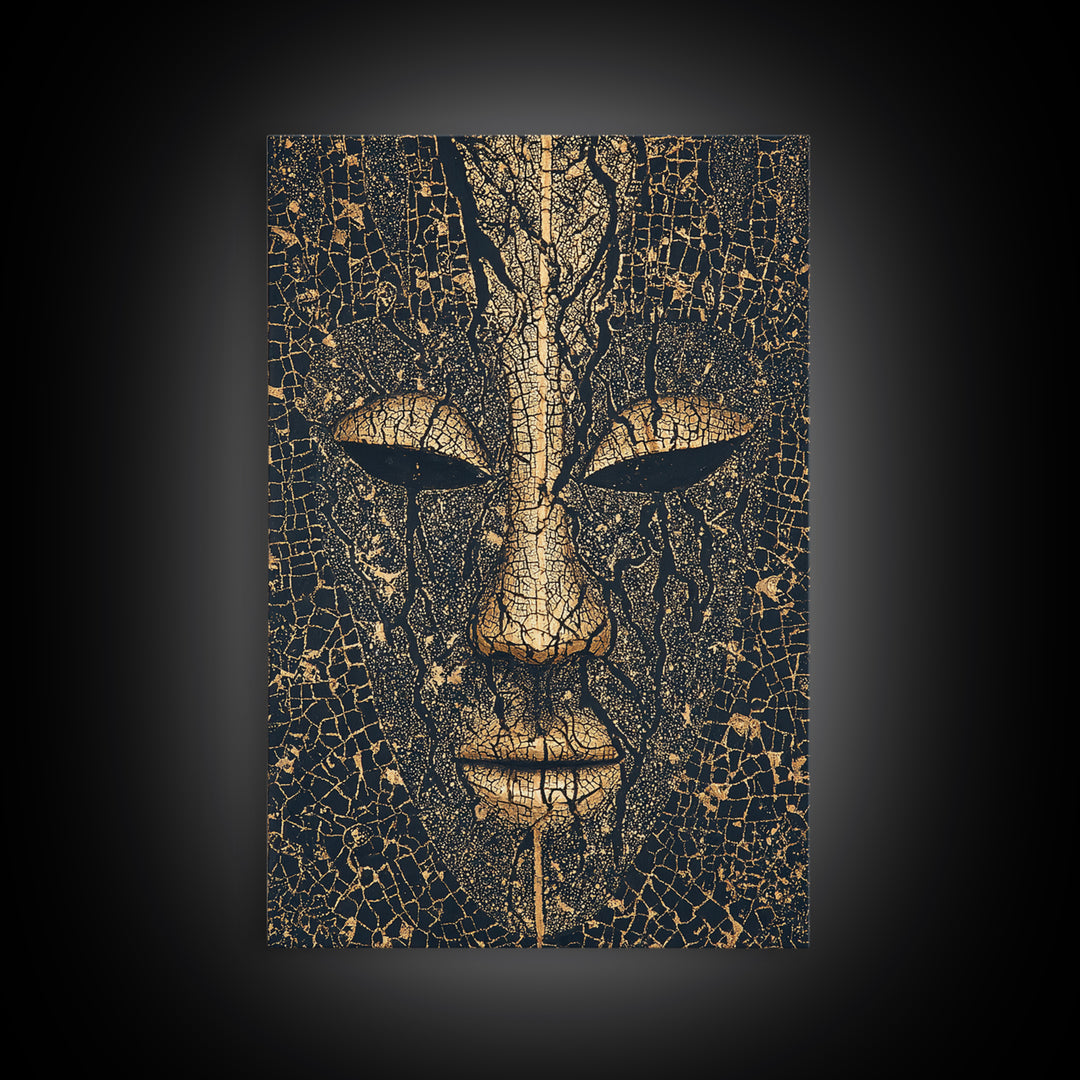 Cracked Gold African Mask Face Canvas Print, Abstract Tribal Portrait, Black And Gold Art, Afrocentric Wall Decor For Home