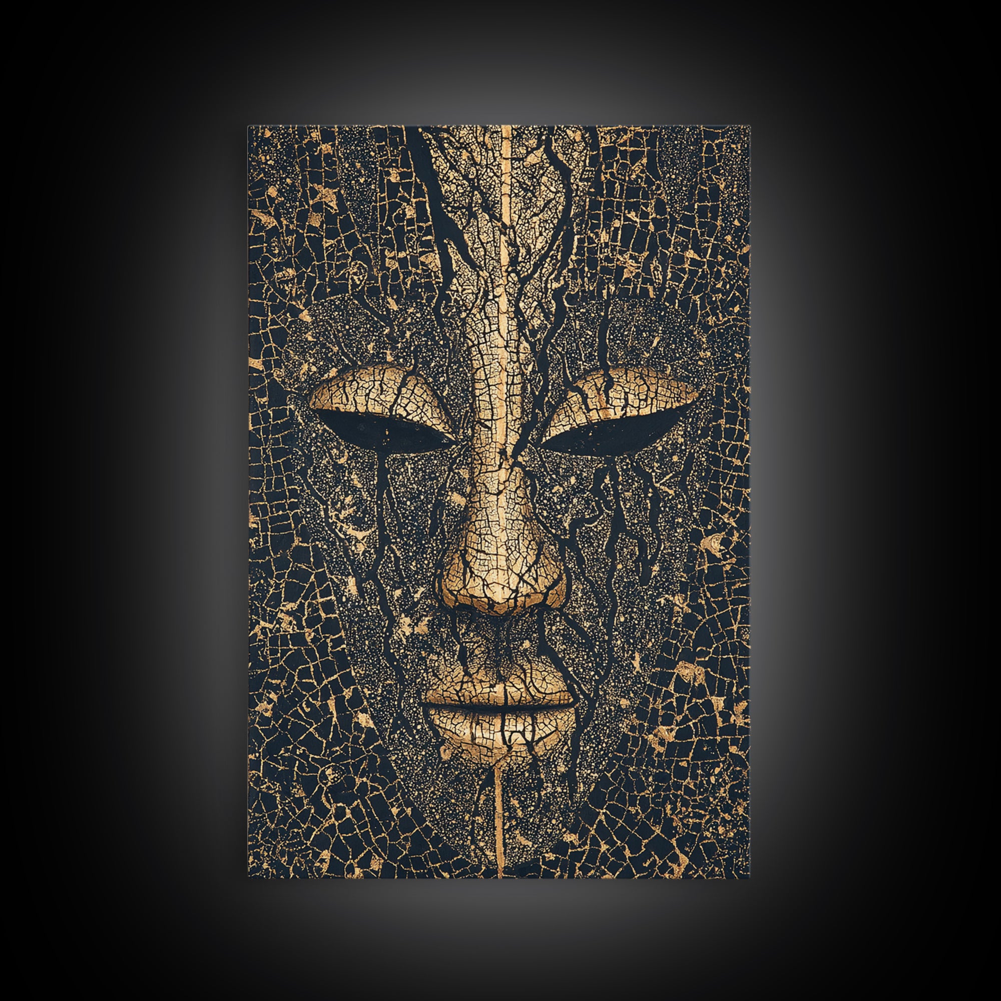 Cracked Gold African Mask Face Canvas Print, Abstract Tribal Portrait, Black And Gold Art, Afrocentric Wall Decor For Home