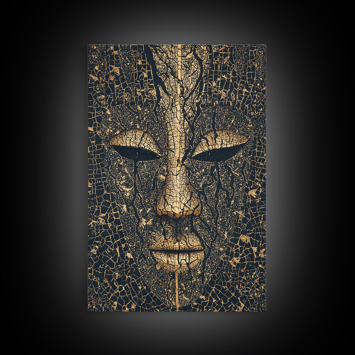 Cracked Gold African Mask Face Canvas Print, Abstract Tribal Portrait, Black And Gold Art, Afrocentric Wall Decor For Home