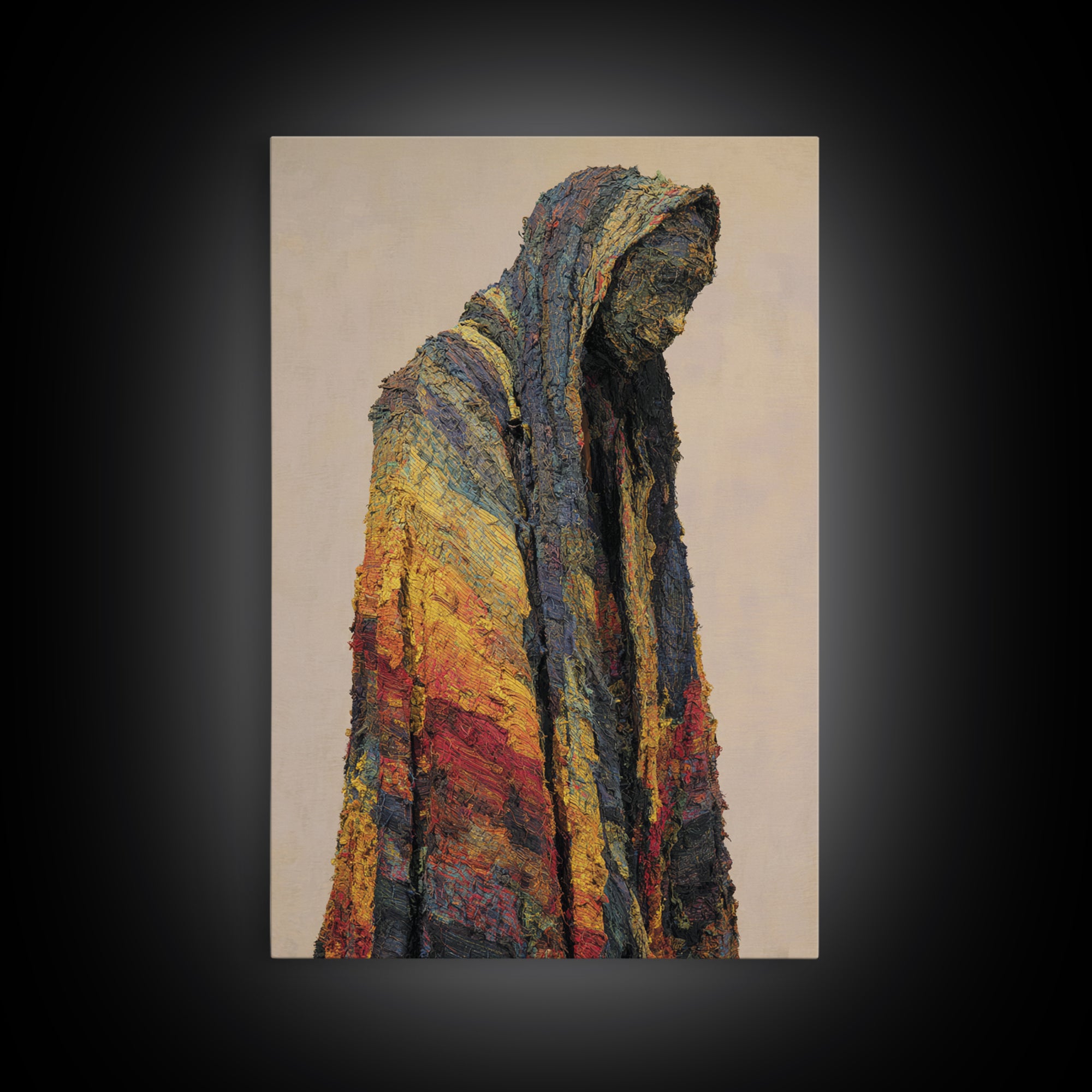 Hooded African Wanderer Wall Art, Textured Robe Portrait, Abstract Afrocentric Figure, Earth Tone Cultural Decor Canvas Print