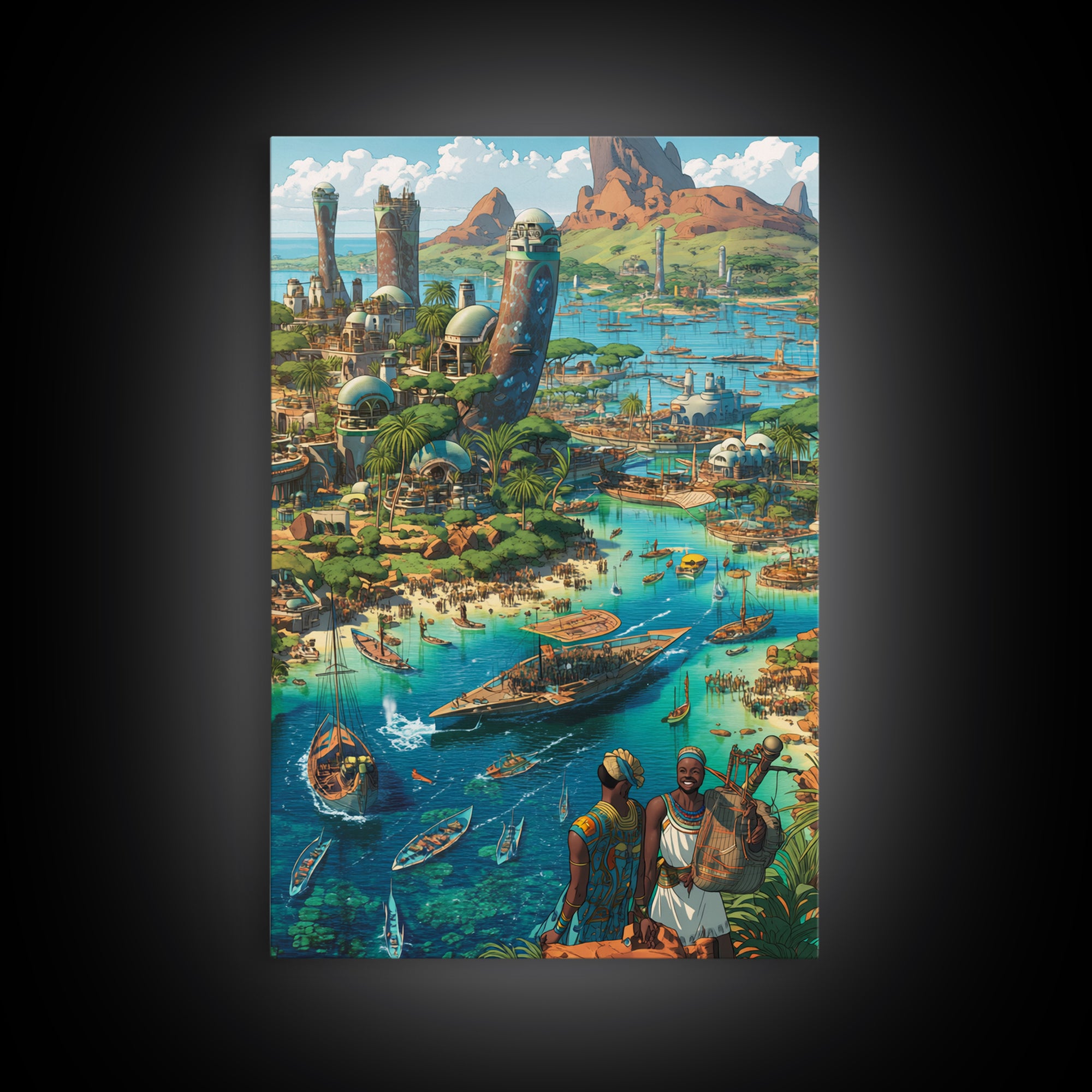 Afrofuturist Coastal African City With Boats Wall Art, African Art Prints, Afrocentric Decor, Vibrant Travel Poster, Living Room Decor