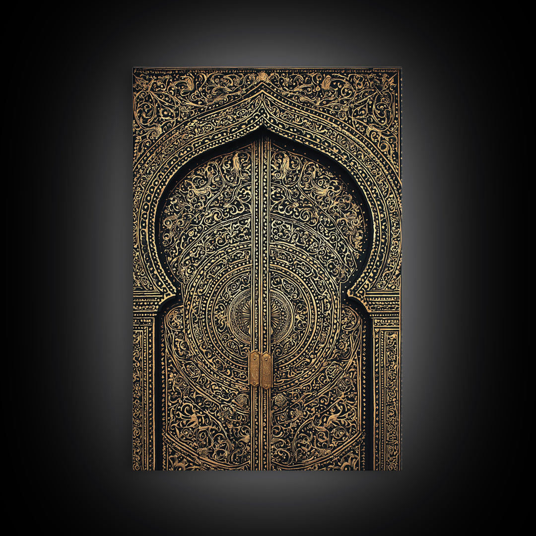 Black Gold Moroccan Mandala Door Framed Canvas Print, African Wall Decor, Luxury Canvas Art, Spiritual Home Decor, Statement Piece