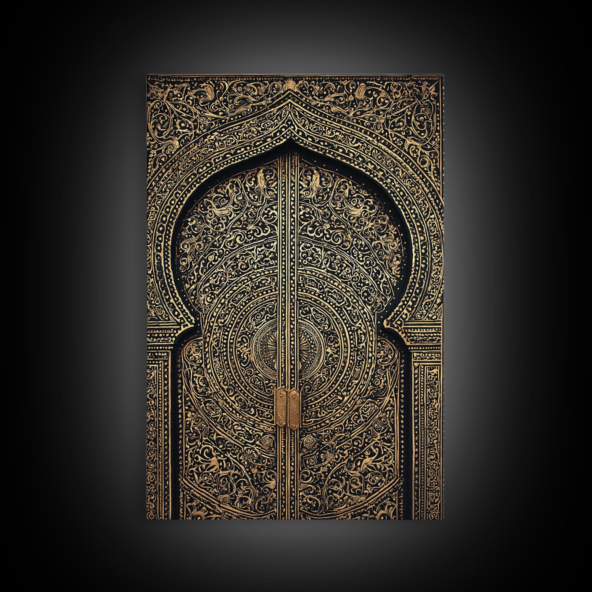 Black Gold Moroccan Mandala Door Framed Canvas Print, African Wall Decor, Luxury Canvas Art, Spiritual Home Decor, Statement Piece