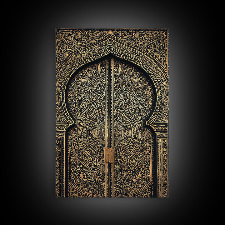 Black Gold Moroccan Mandala Door Framed Canvas Print, African Wall Decor, Luxury Canvas Art, Spiritual Home Decor, Statement Piece