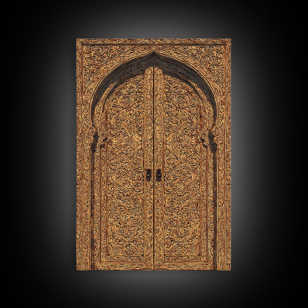 Golden Floral African Carved Door Canvas Print, African Art Decor, Elegant Home Decor, Bohemian Wall Decor, Wood Patterns