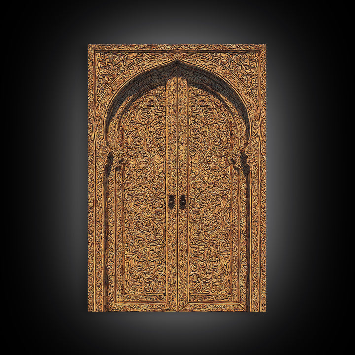 Golden Floral African Carved Door Canvas Print, African Art Decor, Elegant Home Decor, Bohemian Wall Decor, Wood Patterns
