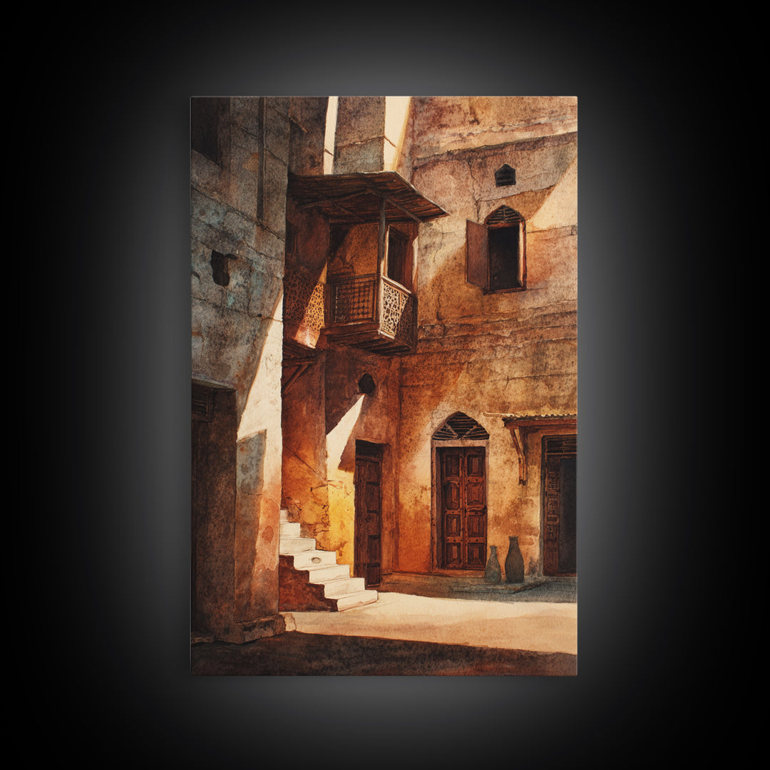 Sunlit African Stone Alley Framed Canvas Print, Moroccan Travel, African Architecture, Cultural Wall Decor, Rustic Home Decor