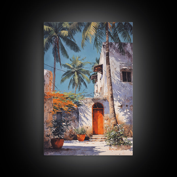 White Coastal African Courtyard Wall Art, Palm Tree Accent, Morocco Africa, Travel Poster, Bohemian Decor Art, Unique Wall Decor