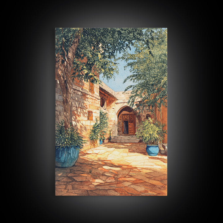 Leafy Stone African Courtyard Canvas Print, Elegant Home Decor, Cultural Wall Decor, Africa Painting, Living Room Decor Gift