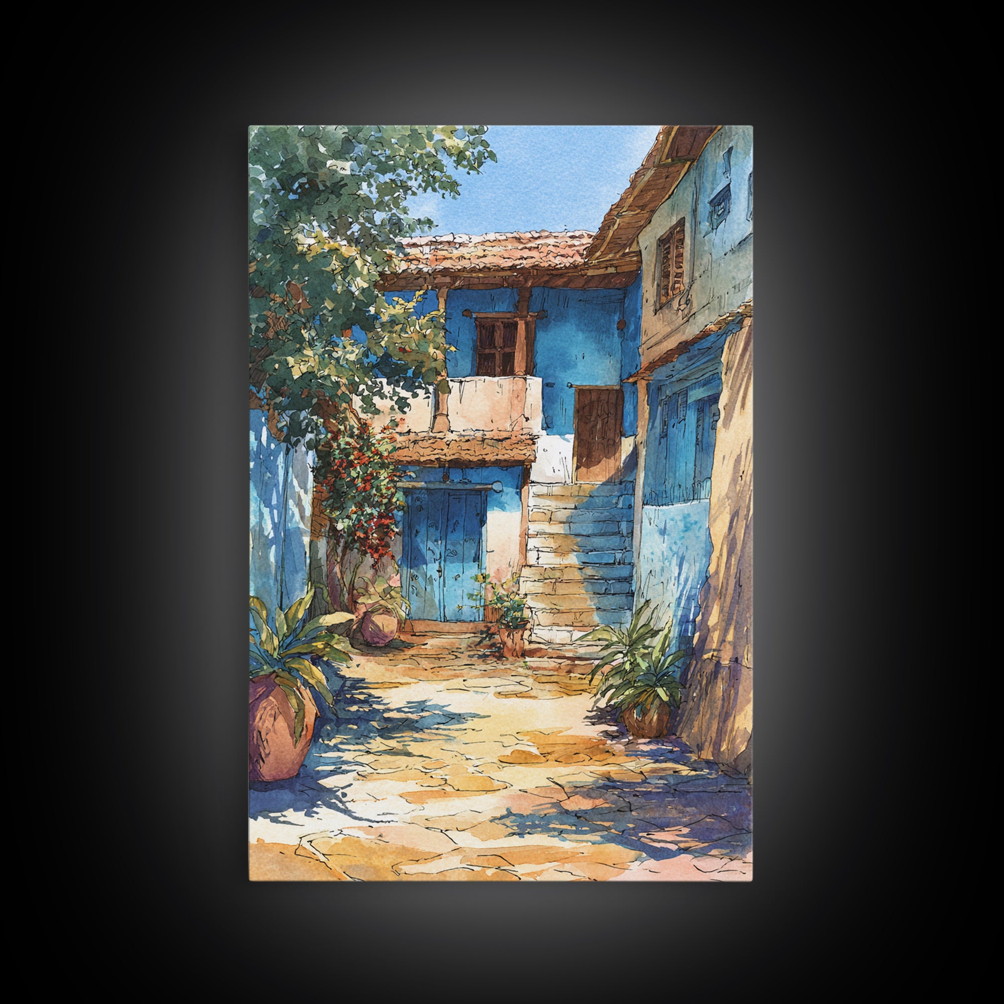 Blue African Village Courtyard Wall Art, Rustic Architecture, Africa Wall Decor, Travel Poster, Boho Home Decor, Unique Canvas