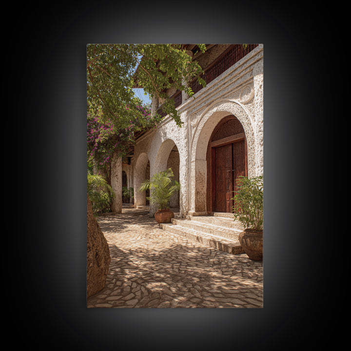 Arched African Veranda Courtyard Framed Canvas Print, Zanzibar Style, Cultural Home Decor, African Wall Decor, Statement Decor