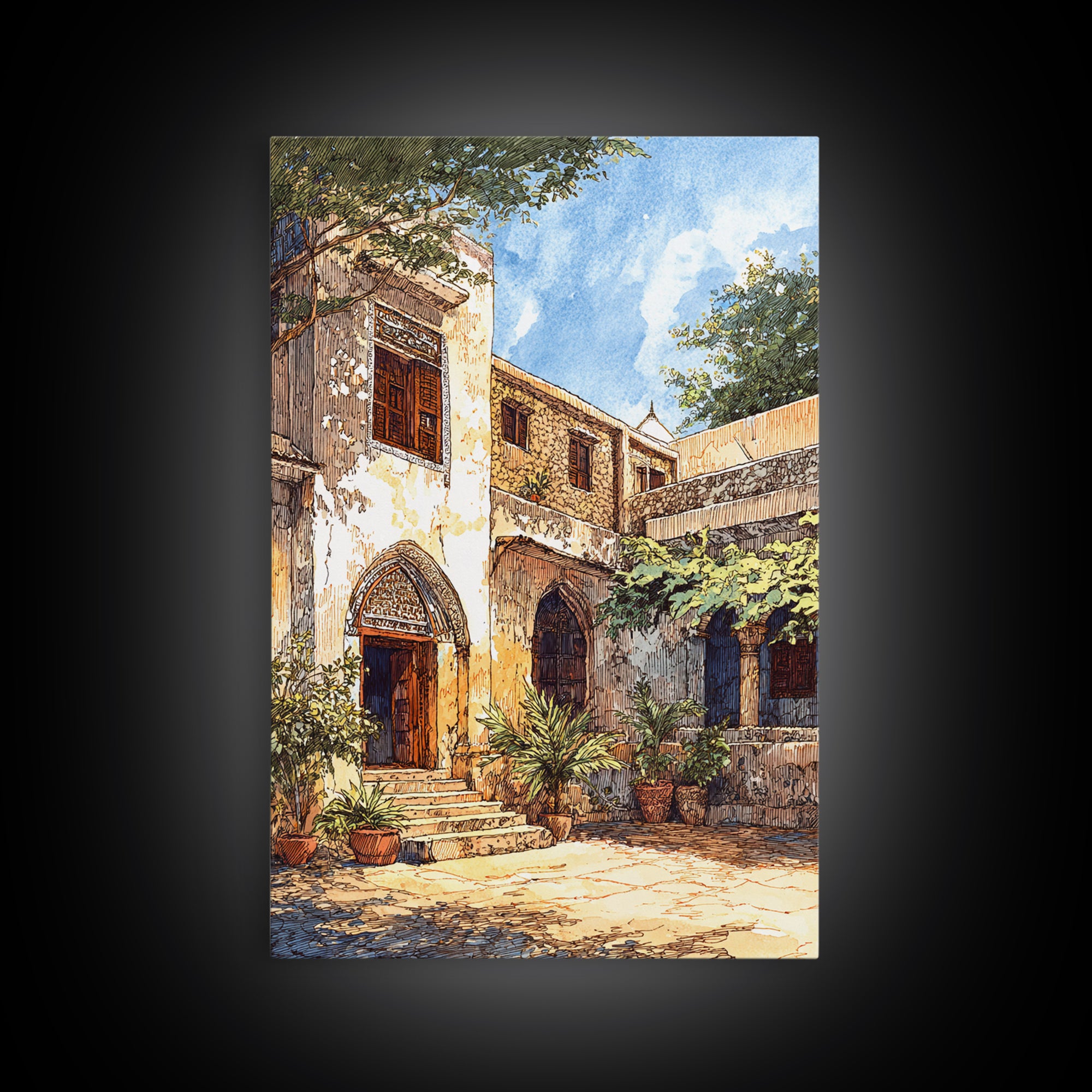 Historic African Stone Courtyard Canvas Print, Carved Door, Africa Painting, Cultural Wall Decor, Travel Poster, Elegant Home Decor