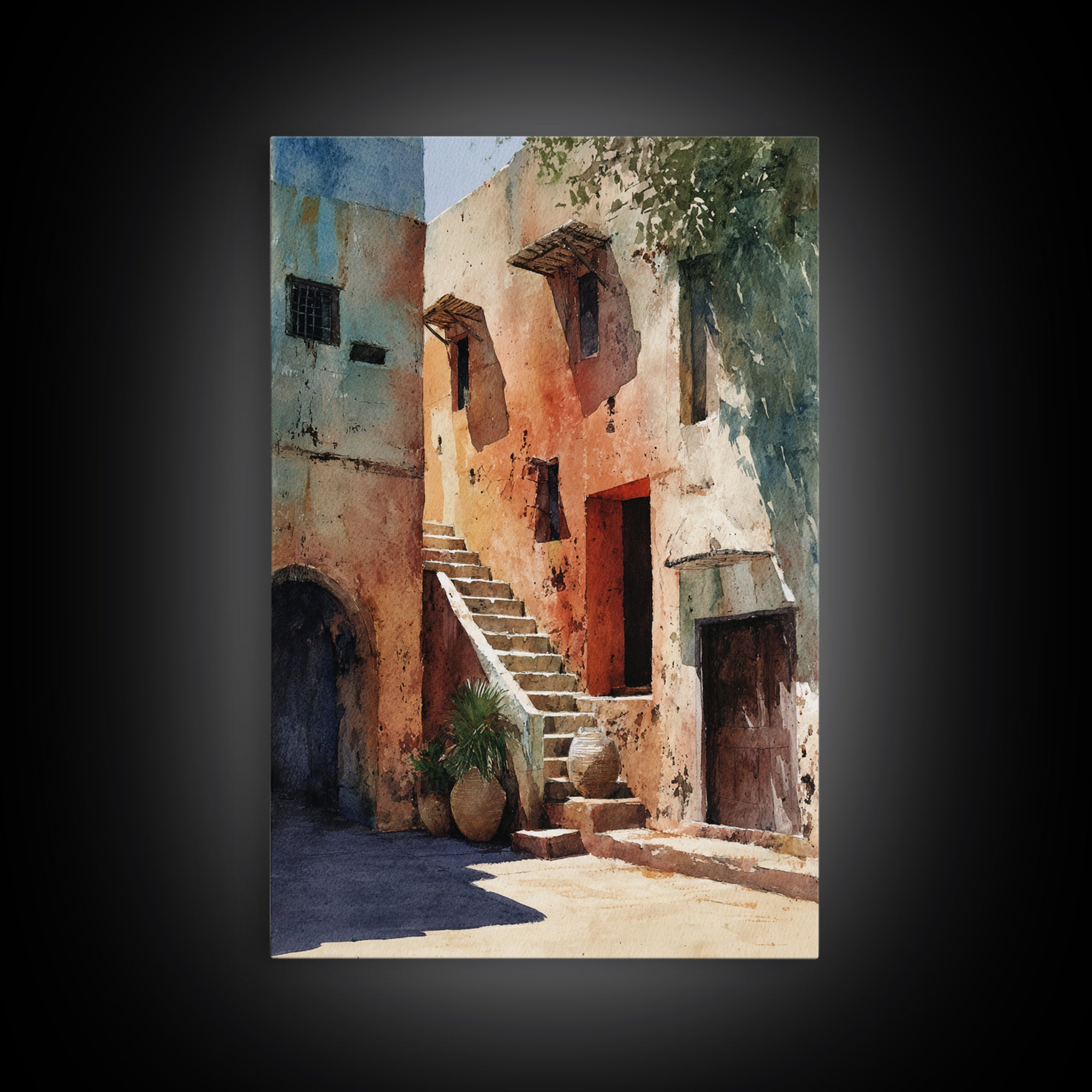 Sunlit Adobe African Alley Canvas Print, Terracotta Art Print, Rustic Decor, Cultural Wall Decor, Africa Painting, Unique Gift