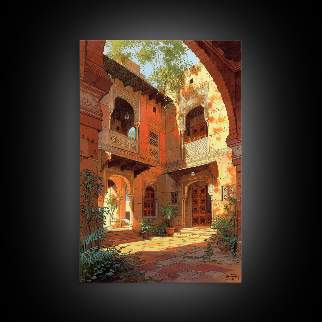 Sunlit Moroccan Courtyard With Arches Wall Art, African Inspired Home Decor, Terracotta Travel Poster, Boho Living Room Print