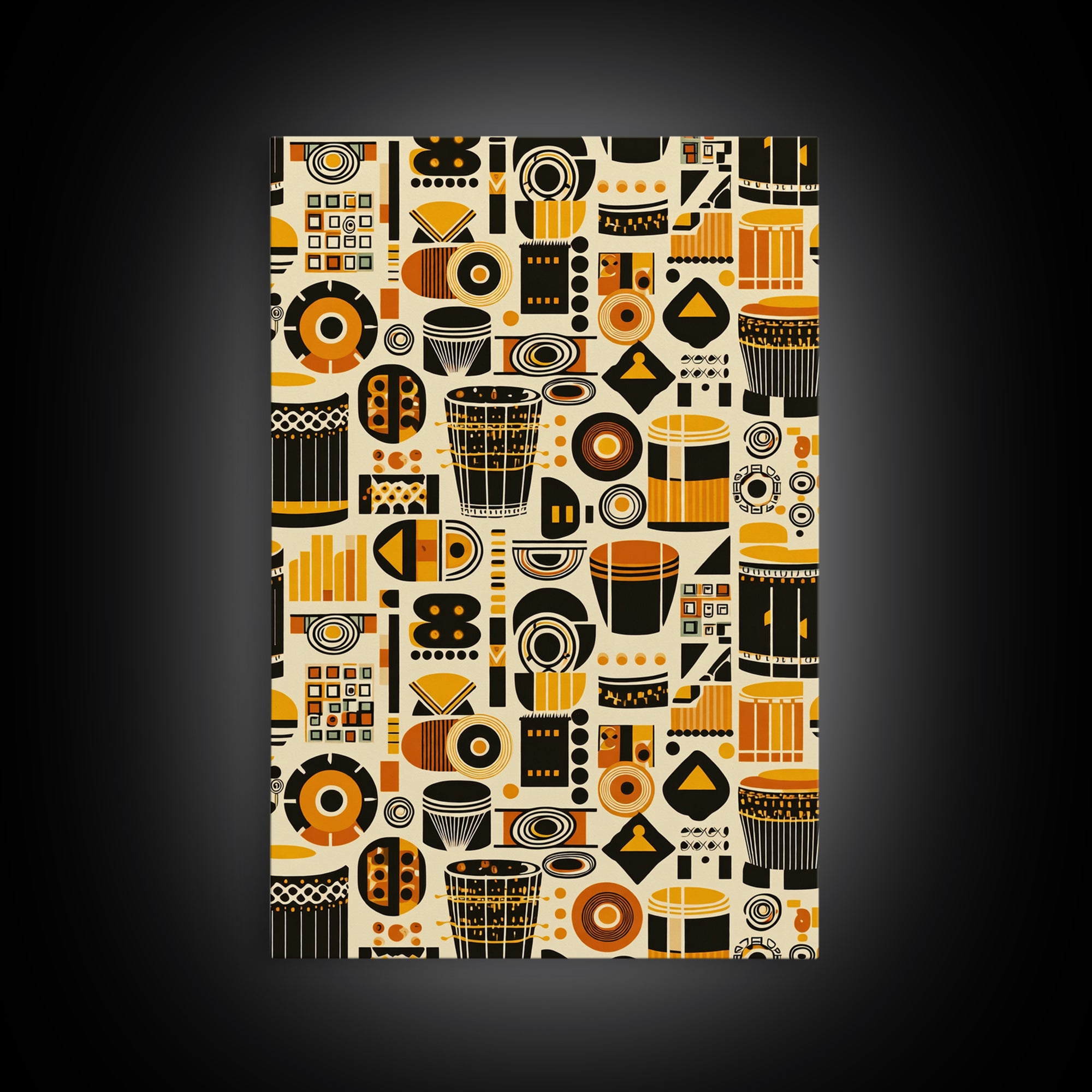Bold African Drum Pattern Canvas Print, Tribal Textile Art, Orange Black Home Decor, Afrocentric Wall Decor Gift For Music Room