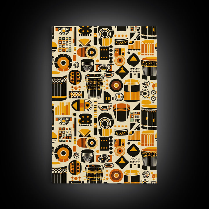 Bold African Drum Pattern Canvas Print, Tribal Textile Art, Orange Black Home Decor, Afrocentric Wall Decor Gift For Music Room