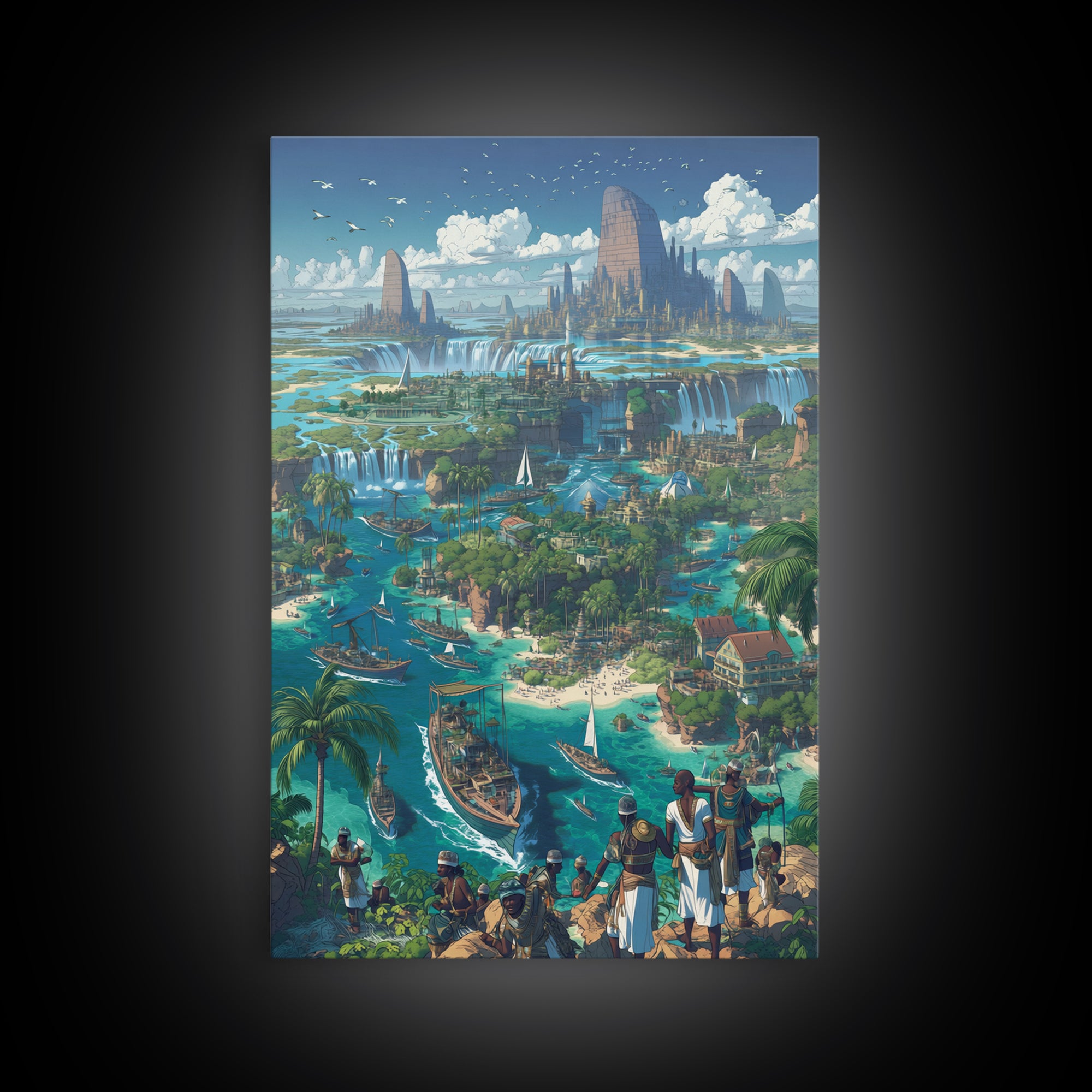Afrofuturist Coastal Kingdom Wall Art, African Landscape Fantasy City, Blue Travel Poster, Modern Canvas Decor For Living Room