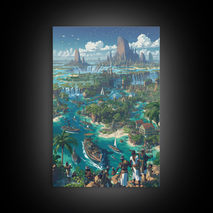 Afrofuturist Coastal Kingdom Wall Art, African Landscape Fantasy City, Blue Travel Poster, Modern Canvas Decor For Living Room