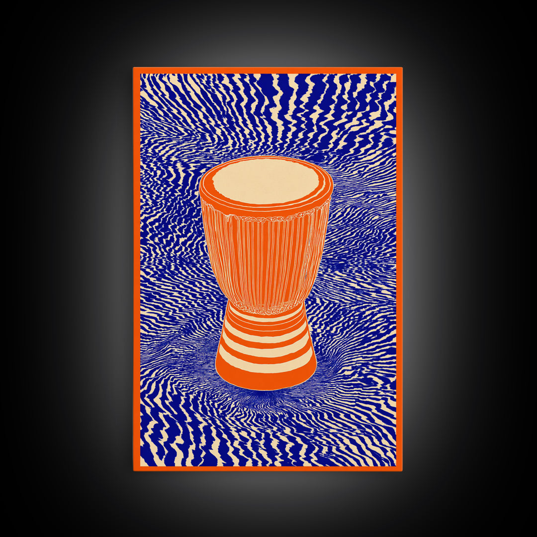 Orange Djembe Drum With Blue Waves Canvas Print, African Music Wall Art, Vibrant Tribal Decor, Bold Afrocentric Gift Print