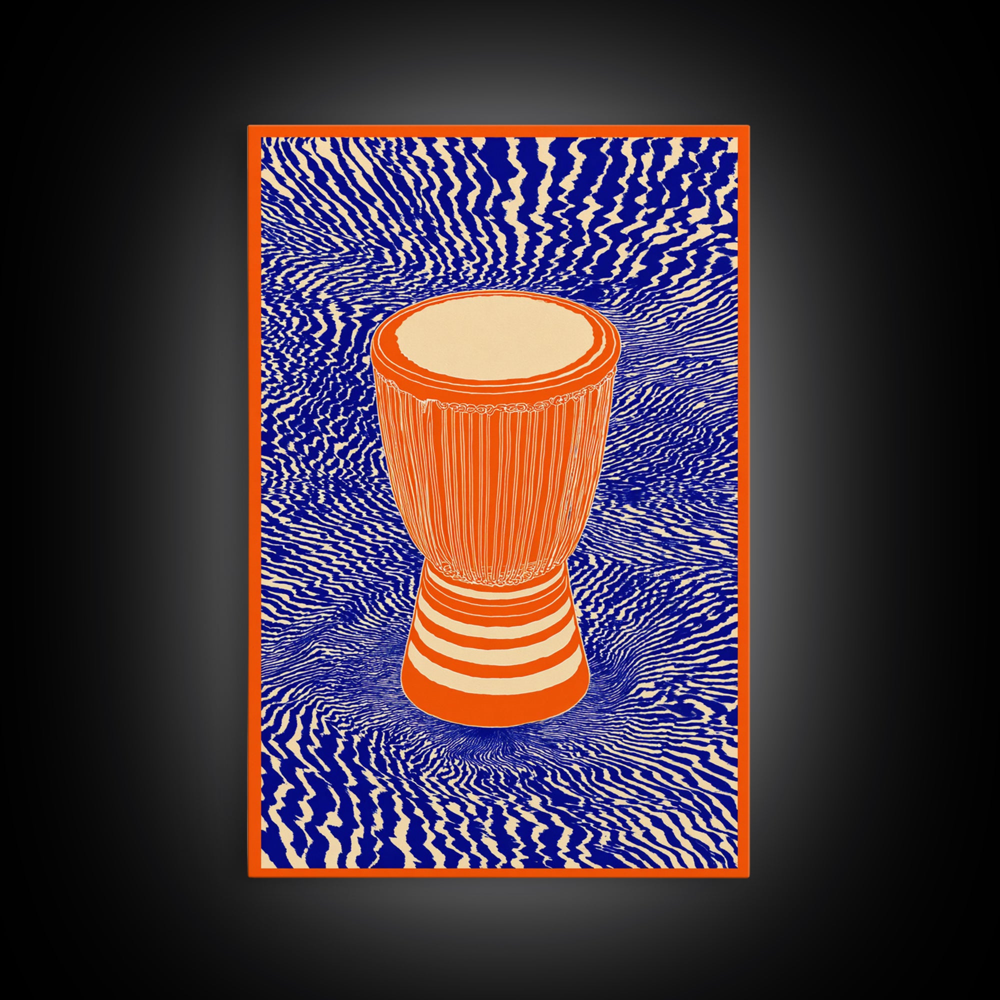 Orange Djembe Drum With Blue Waves Canvas Print, African Music Wall Art, Vibrant Tribal Decor, Bold Afrocentric Gift Print