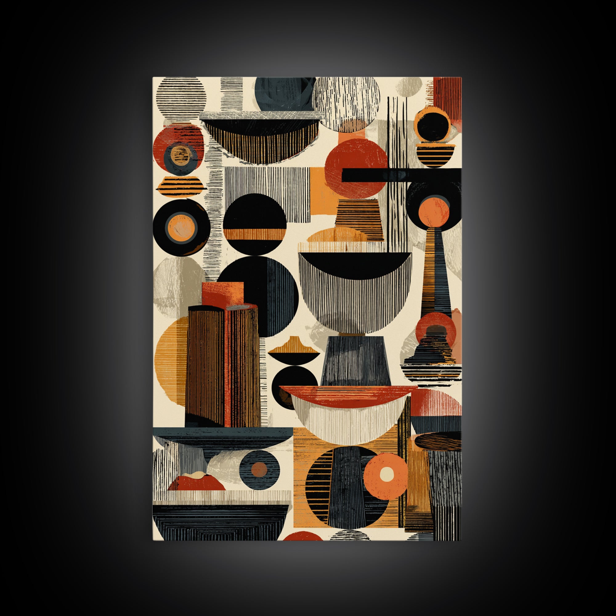 Midcentury African Abstract Shapes Wall Art, Terracotta Black Geometric Canvas Decor, Modern Tribal Home Decor Gift For Office