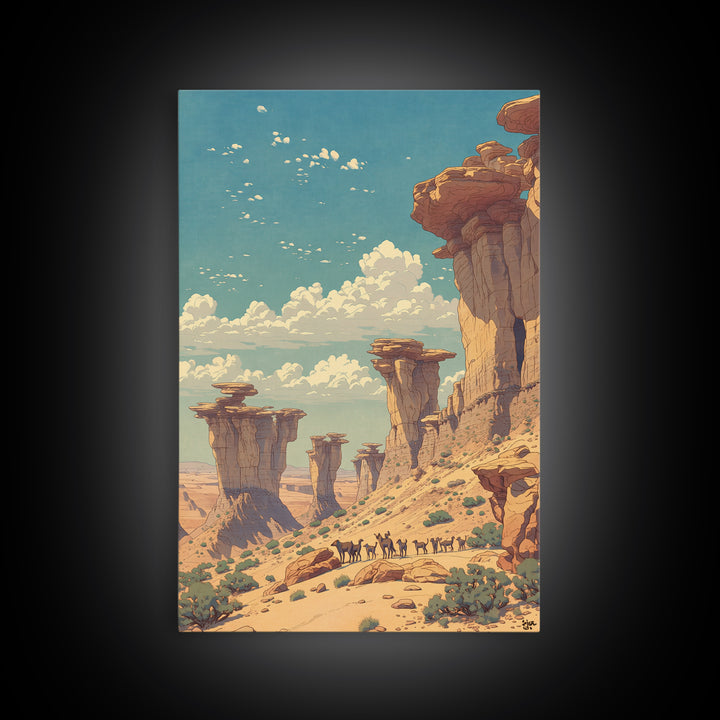 Desert Caravan Rock Pillars Wall Art, African Landscape Travel Poster, Sahara Nature Scene, Warm Boho Home Decor Gift Print