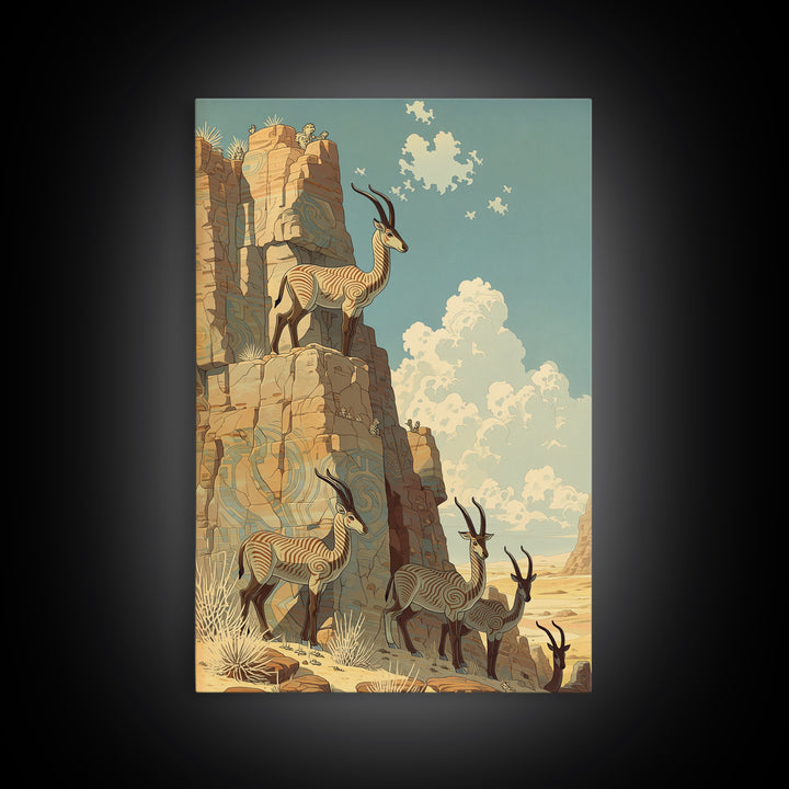 Desert Oryx On Sunlit Canyon Cliffs Canvas Print, African Safari Art, African Animal Art, Boho Wall Decor, Living Room Decor