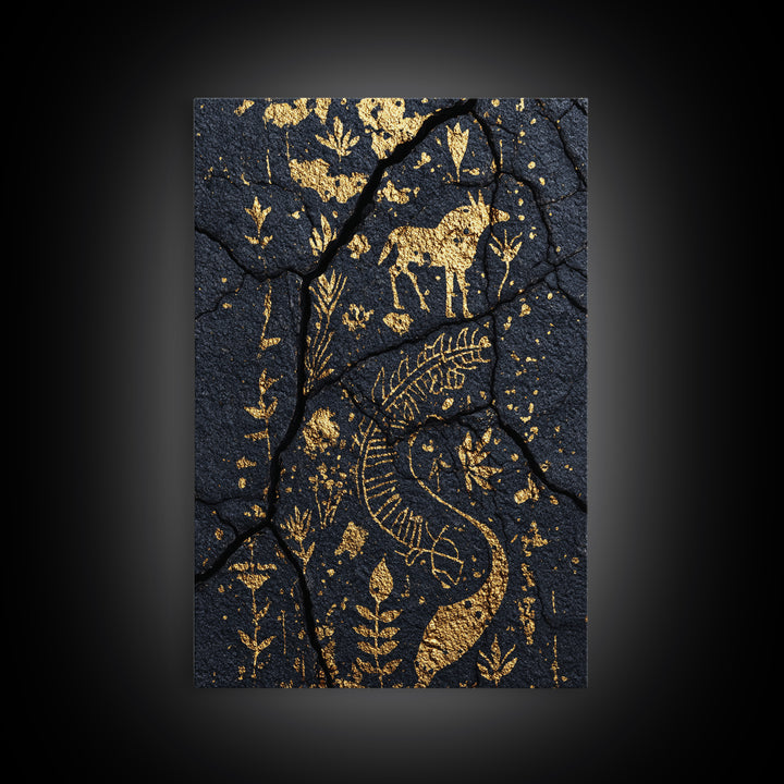 Gold Petroglyph Animals On Cracked Stone Framed Canvas Print, African Tribal Art, African Wall Art, Ethnic Wall Decor, Home Decor