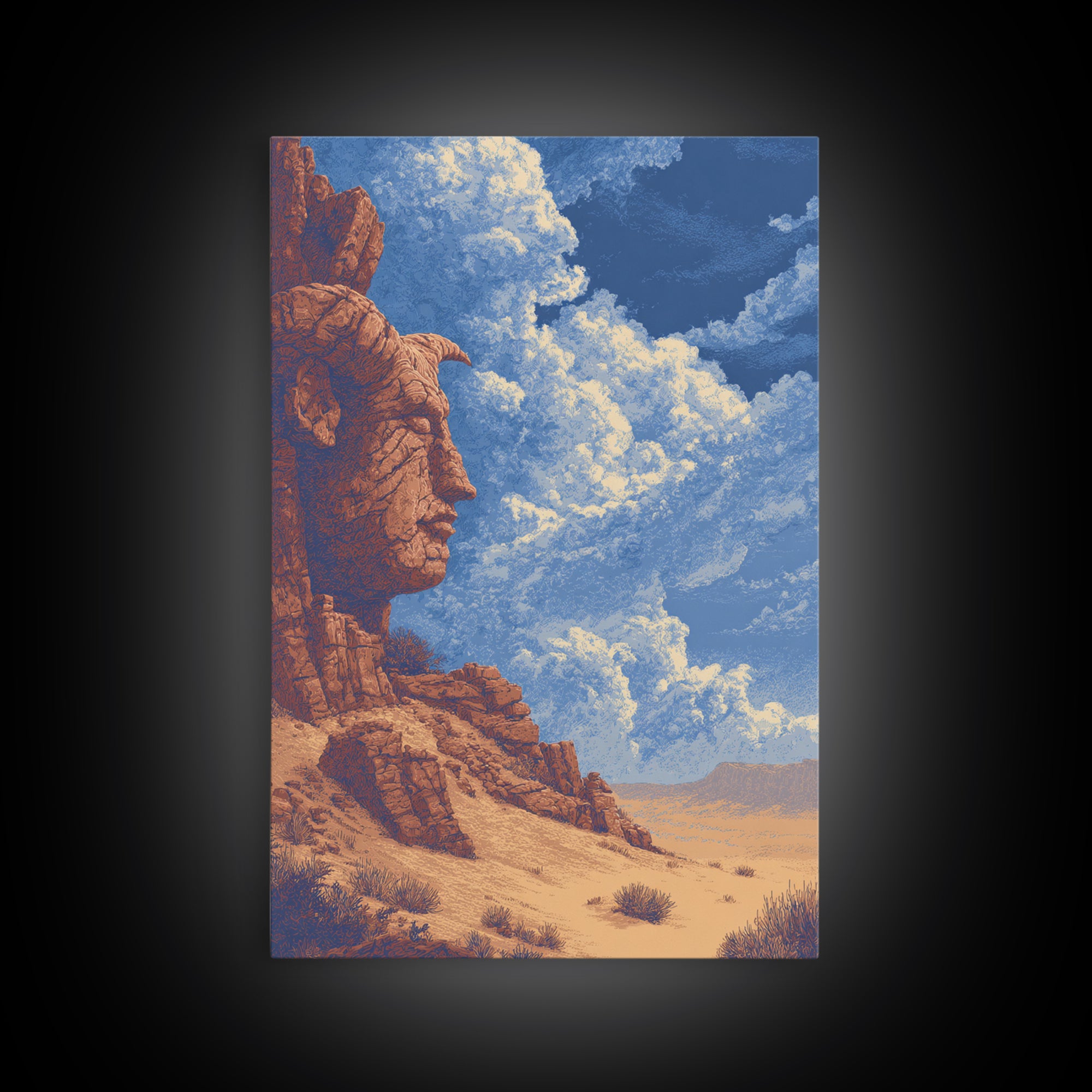 Colossal Ancestral Face In Desert Cliffs Canvas Print, African Culture Art, Tribal Art Decor, Statement Wall Art, Earth Tone Wall Art