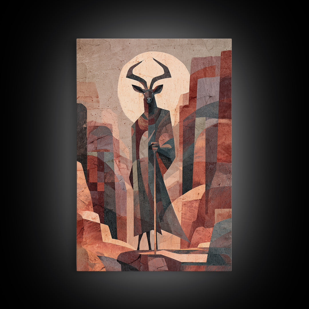 Antelope Mask Spirit In Abstract Cityscape Canvas Print, African Mask Art, Abstract African Art, Afrocentric Wall Art, Bold Decor