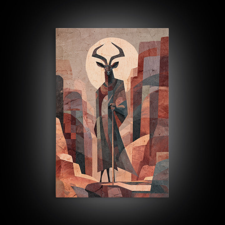 Antelope Mask Spirit In Abstract Cityscape Canvas Print, African Mask Art, Abstract African Art, Afrocentric Wall Art, Bold Decor