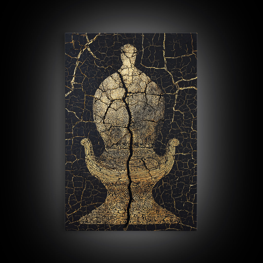 Gold Ancient Figure On Black Cracked Stone Framed Canvas Print, African Sculpture, African Art Decor, Tribal Art Print, Black Art