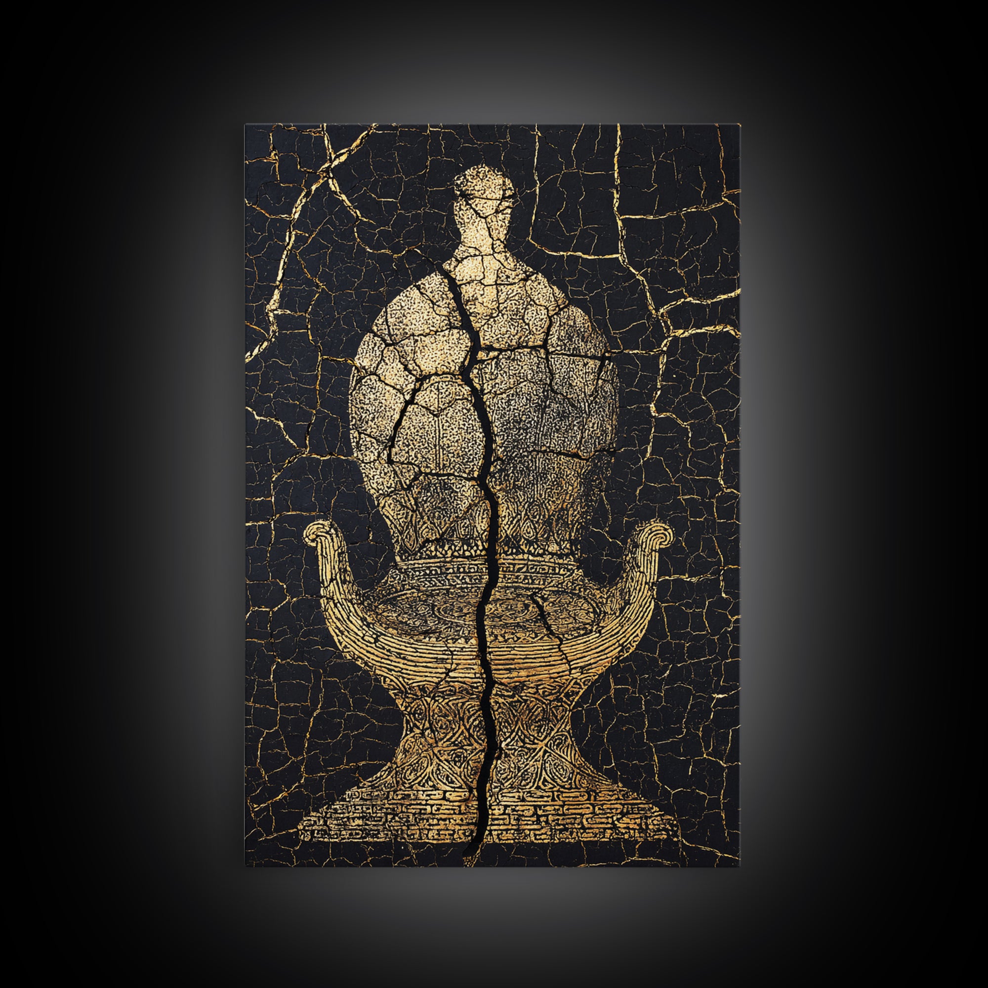 Gold Ancient Figure On Black Cracked Stone Framed Canvas Print, African Sculpture, African Art Decor, Tribal Art Print, Black Art
