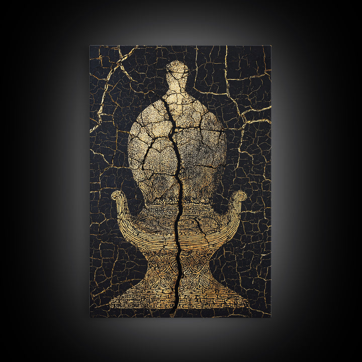 Gold Ancient Figure On Black Cracked Stone Framed Canvas Print, African Sculpture, African Art Decor, Tribal Art Print, Black Art