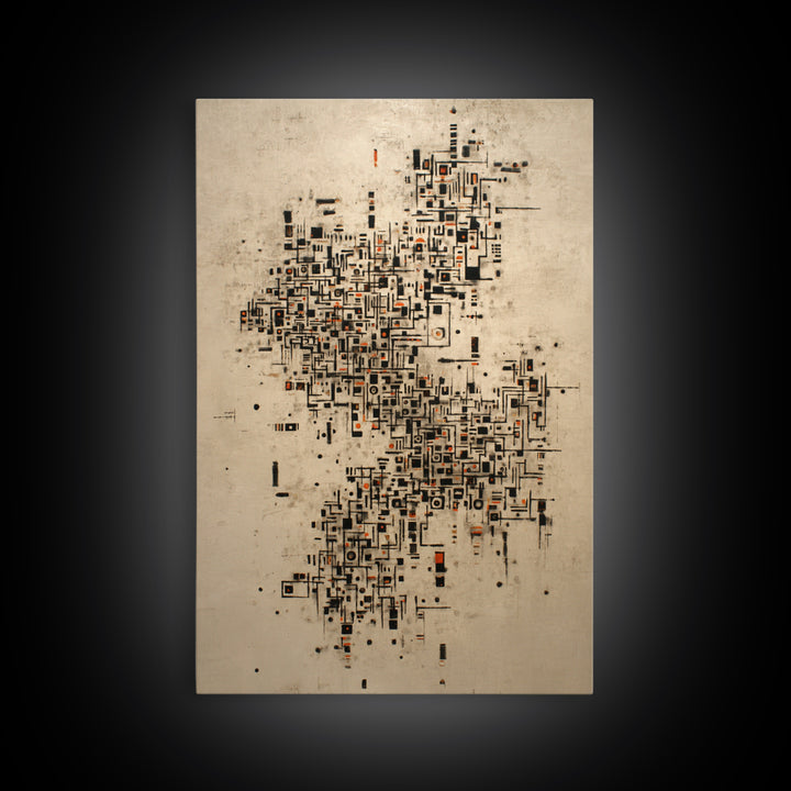 Abstract City Map Wall Art, Beige Black Geometric Canvas Print, Modern African Abstract Art, Office Decor, Urban Artwork