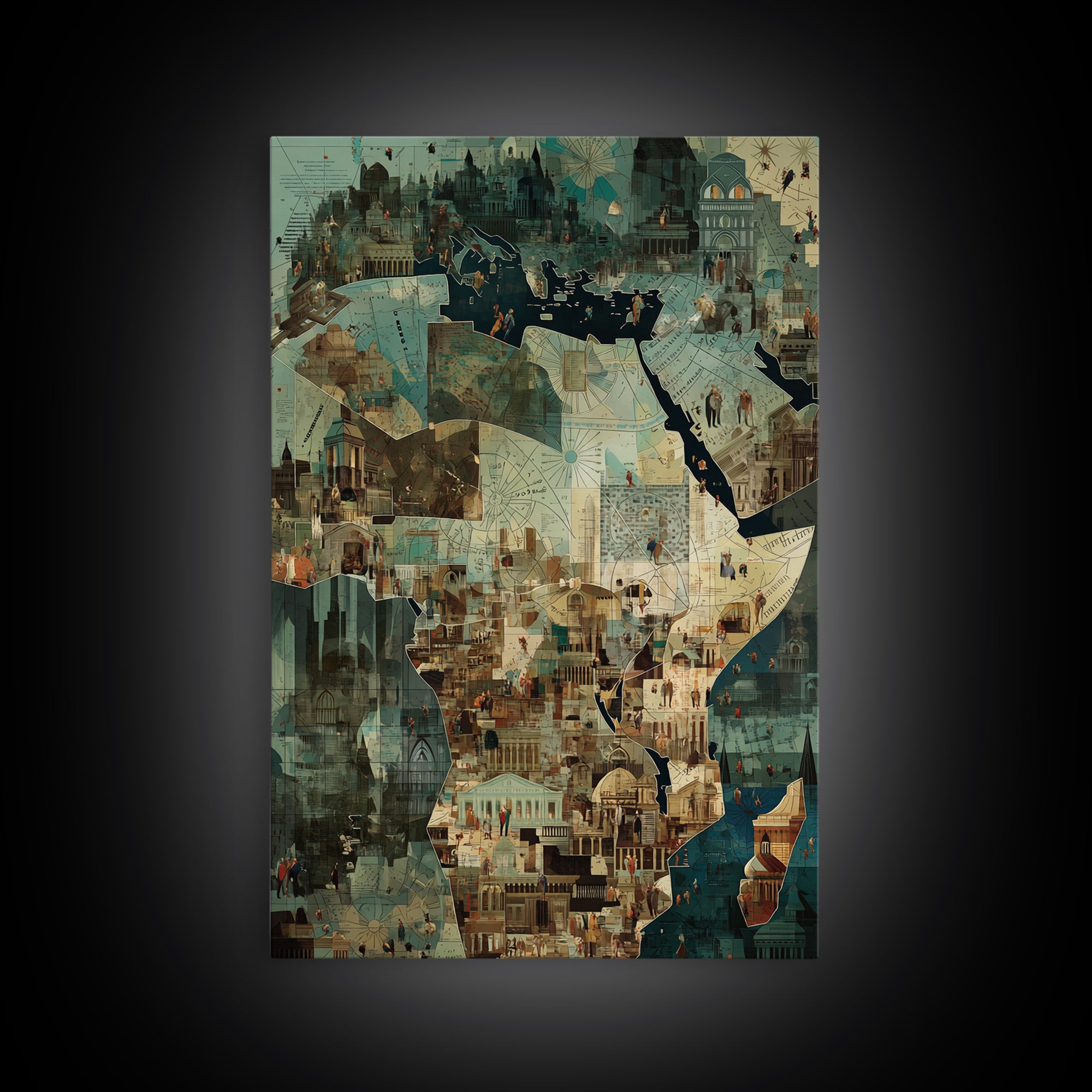 Africa City Collage Wall Art, Teal Architectural Canvas Print, African Travel Poster, Modern Cultural Home Decor Artwork