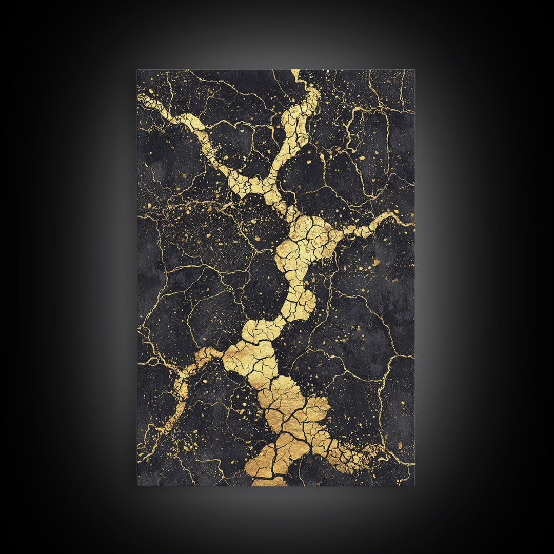 Black Gold Cracked Abstract Wall Art, Marble Texture Canvas Print, Luxury Modern Art, Earth Tone Home Decor Artwork Gift