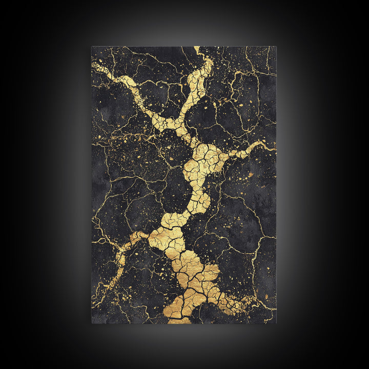 Black Gold Cracked Abstract Wall Art, Marble Texture Canvas Print, Luxury Modern Art, Earth Tone Home Decor Artwork Gift