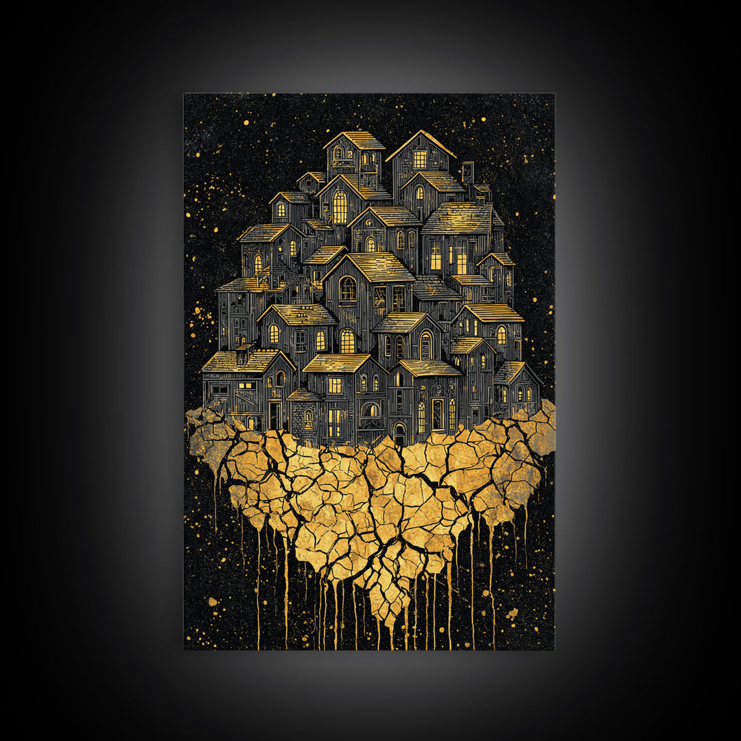 Golden Village On Africa Wall Art, Black Night Houses Canvas Print, Afrocentric Landscape Decor, Unique Motherland Artwork