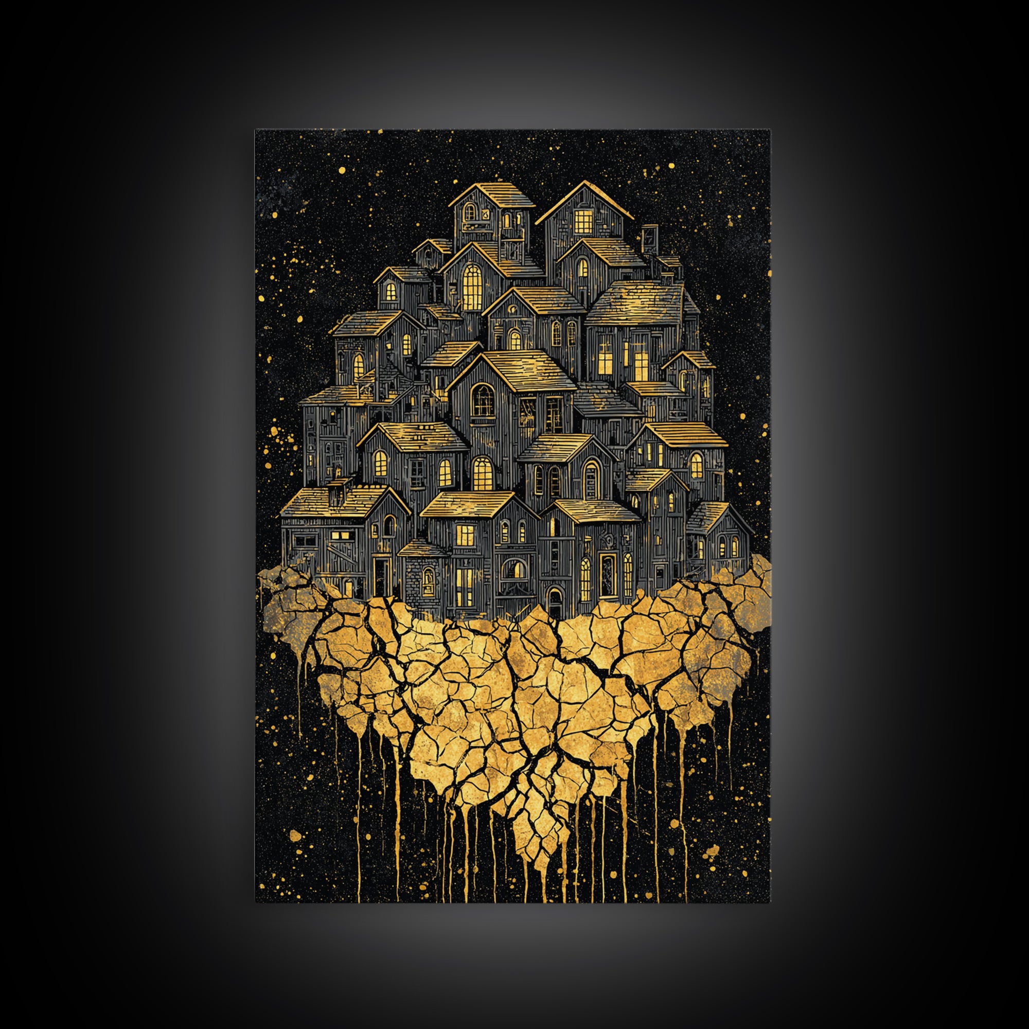 Golden Village On Africa Wall Art, Black Night Houses Canvas Print, Afrocentric Landscape Decor, Unique Motherland Artwork