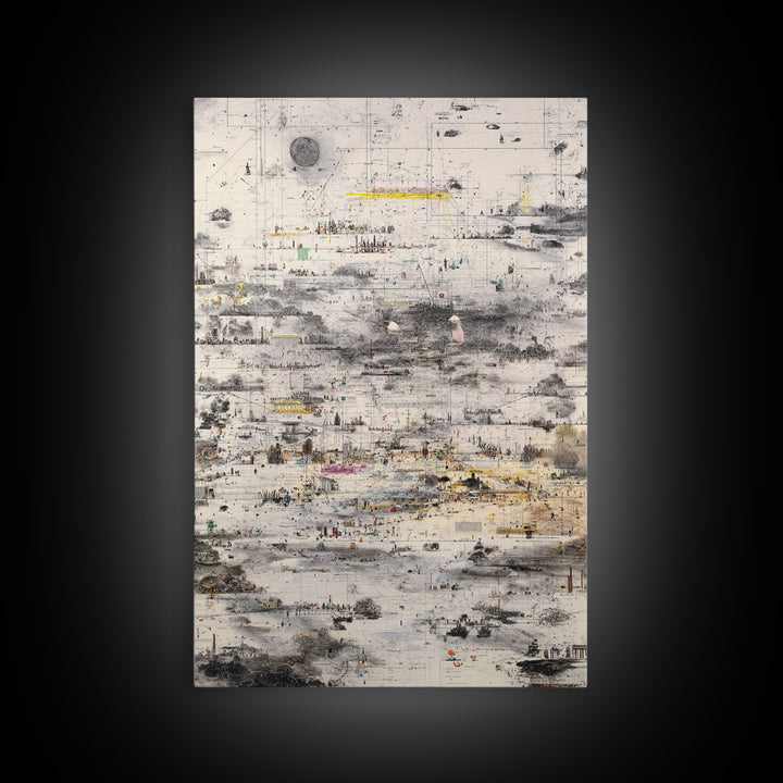Abstract Monochrome City Grid With Tiny Figures Wall Art, Modern African Inspired Urban Map, Neutral Gallery Home Decor Print