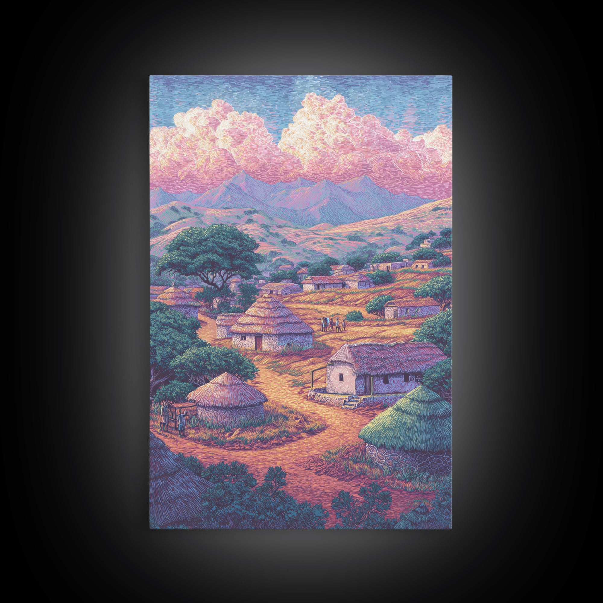 Colorful African Village Huts Beneath Pink Clouds Canvas Print, Mountain Landscape, Cultural Home Decor, Motherland Wall Art
