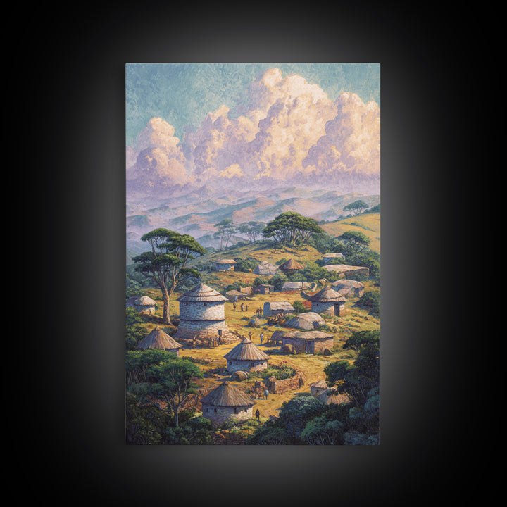 Serene African Village With Huts And Acacia Trees Wall Art, Safari Landscape Canvas Print, Cultural Home Decor Gift For Living Room