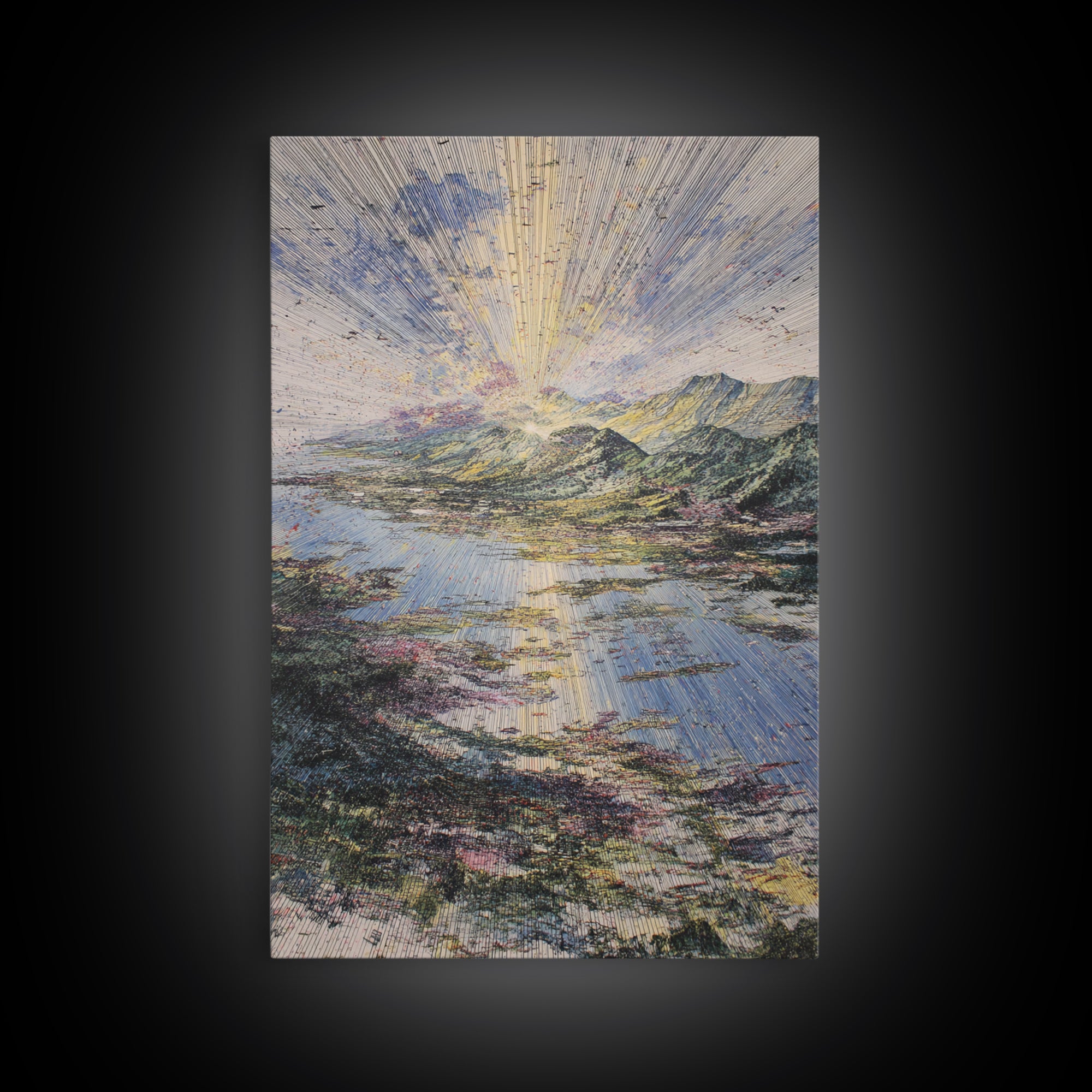 Radiant Sunrise Over African Lake And Mountains Framed Canvas Print, Abstract Landscape Wall Art, Dreamy Nature Home Decor