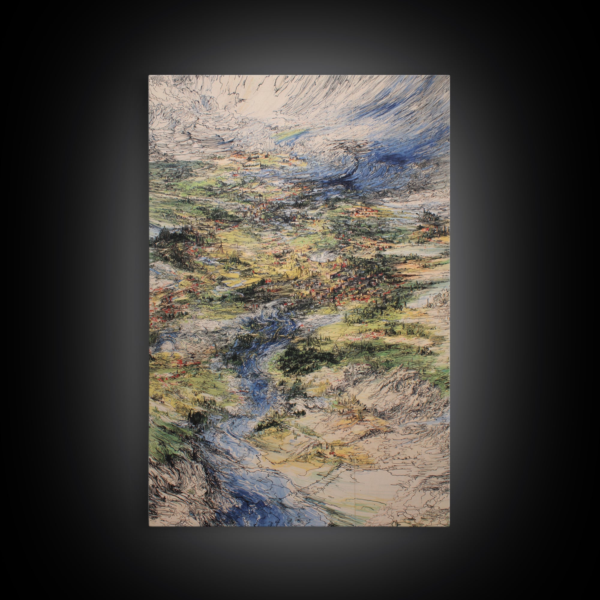 Sweeping River Valley And Mountain Village Wall Art, African Landscape Canvas Print, Textured Nature Scene For Living Room